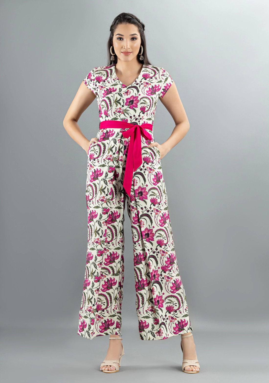 Oriental Floral Print Rayon Flared Jumpsuit