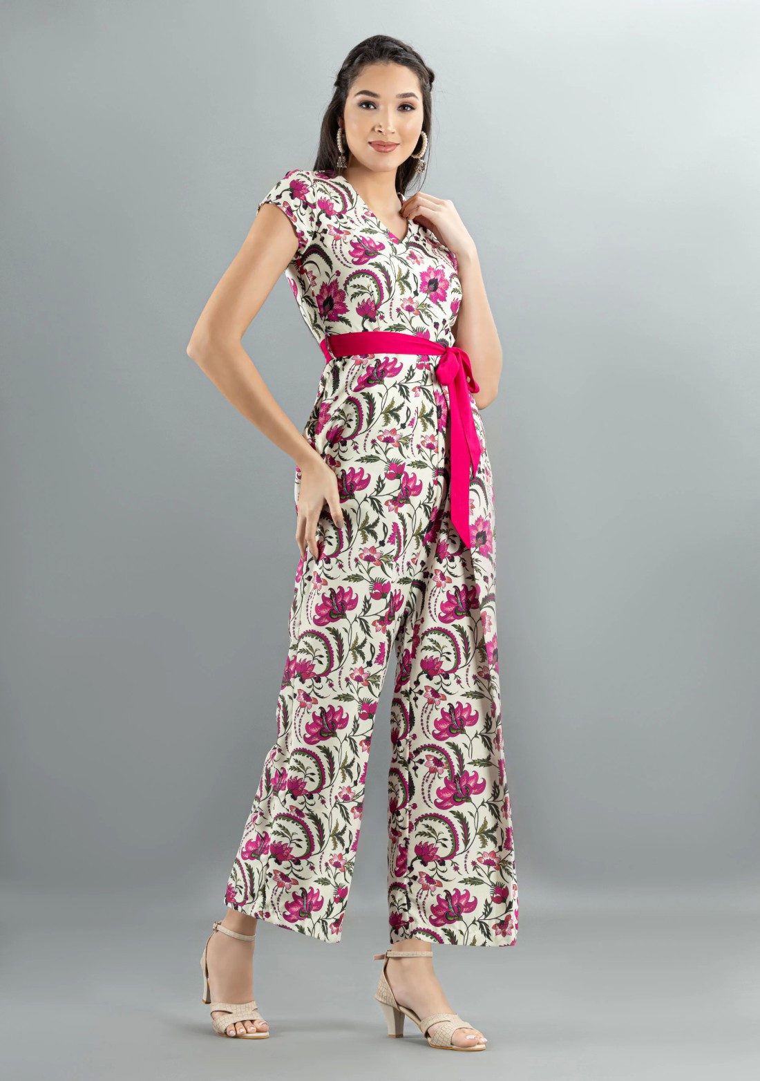 Oriental Floral Print Rayon Flared Jumpsuit