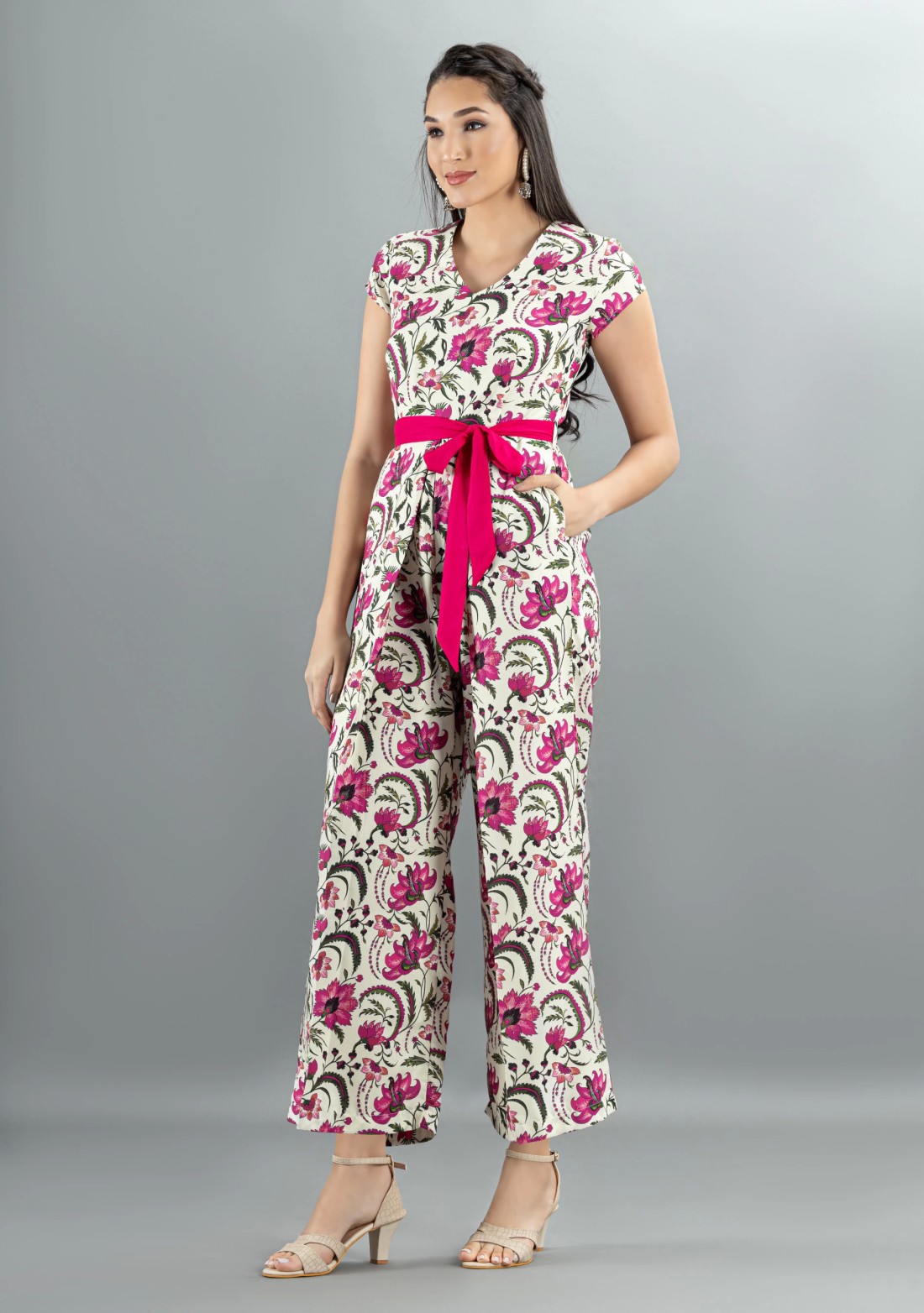 Oriental Floral Print Rayon Flared Jumpsuit