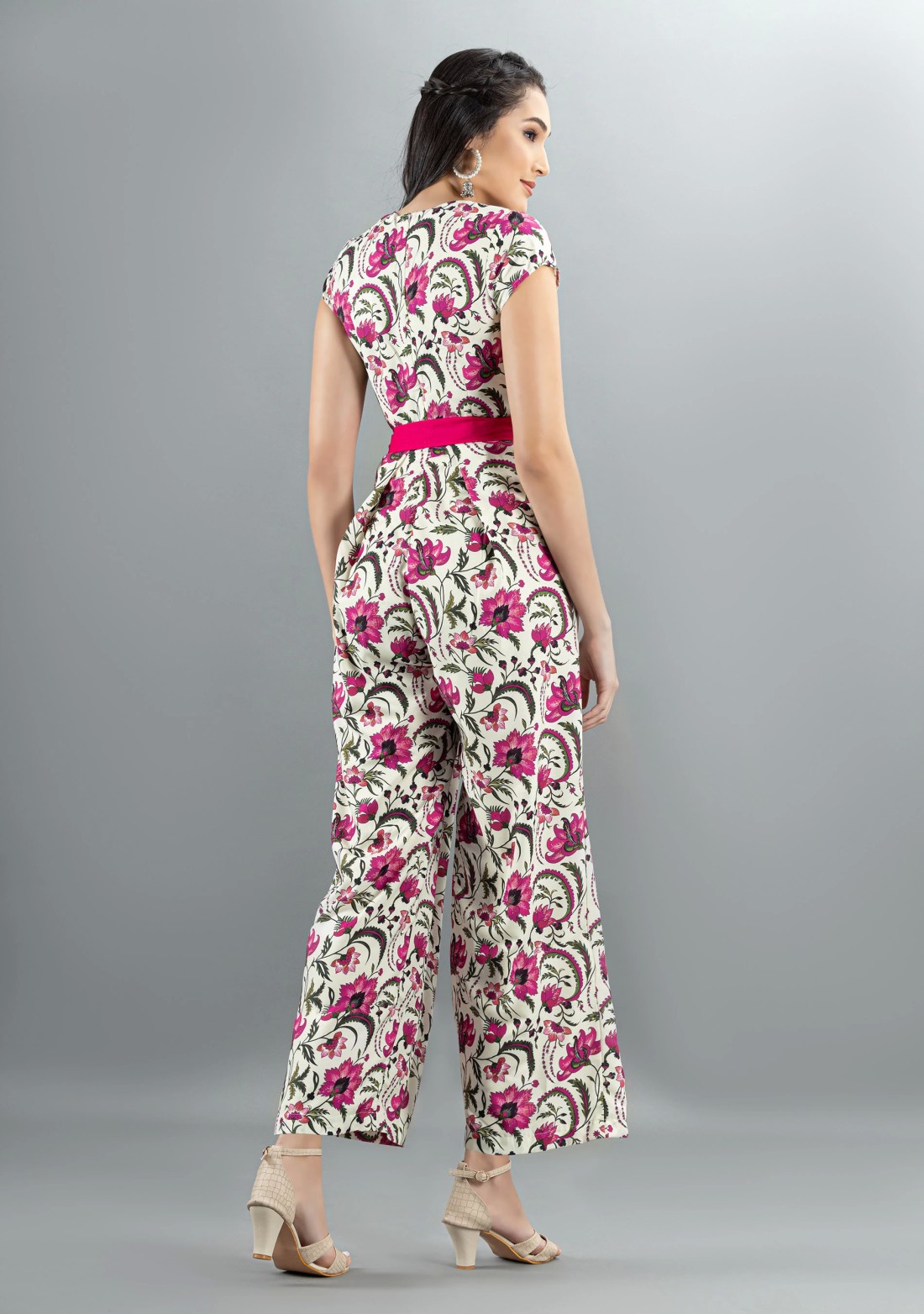 Oriental Floral Print Rayon Flared Jumpsuit