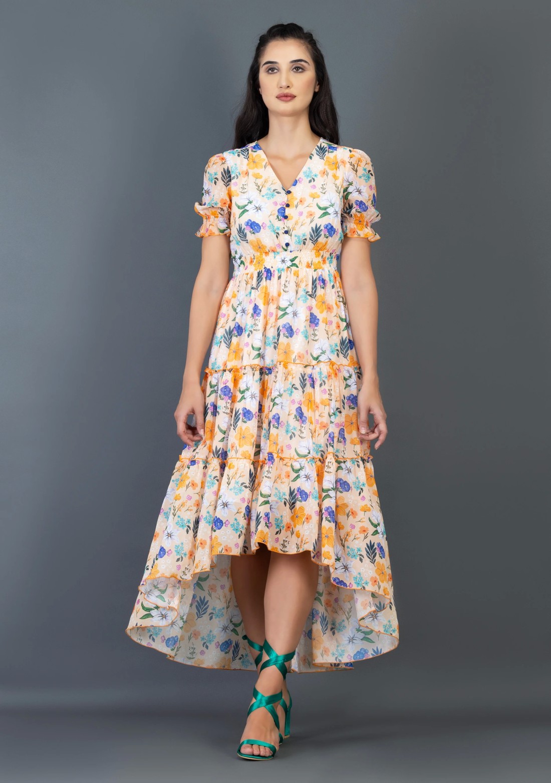 Multi Colour Floral Print Georgette Tiered Long Dress