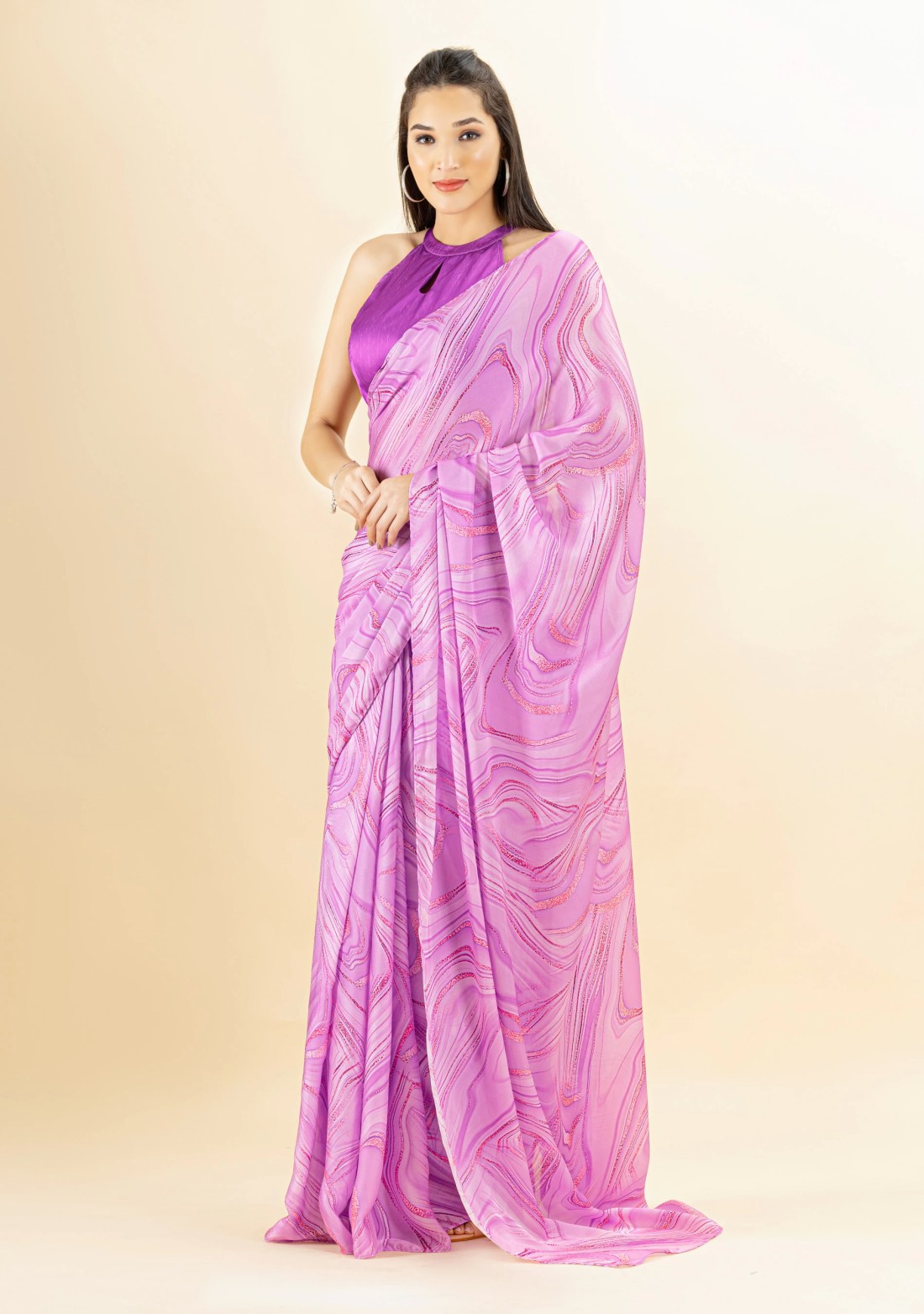 Lavender Marble Print Lightweight Satin Georgette Saree With Unstitched Blouse