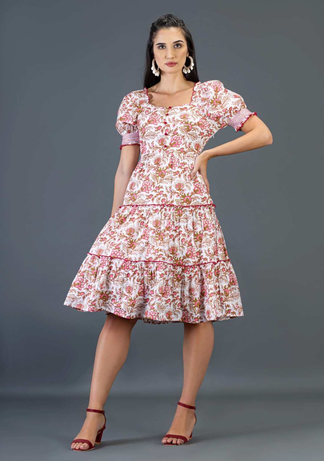 Floral Print Cotton Tiered Midi Dress