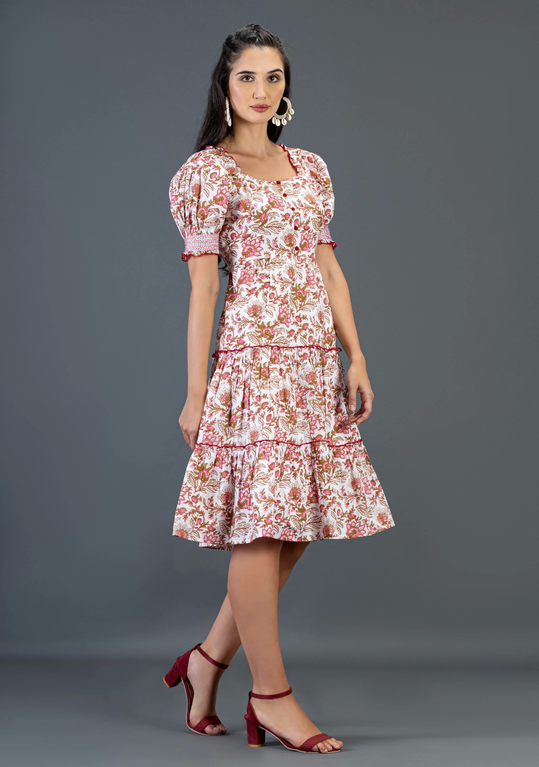 Floral Print Cotton Tiered Midi Dress