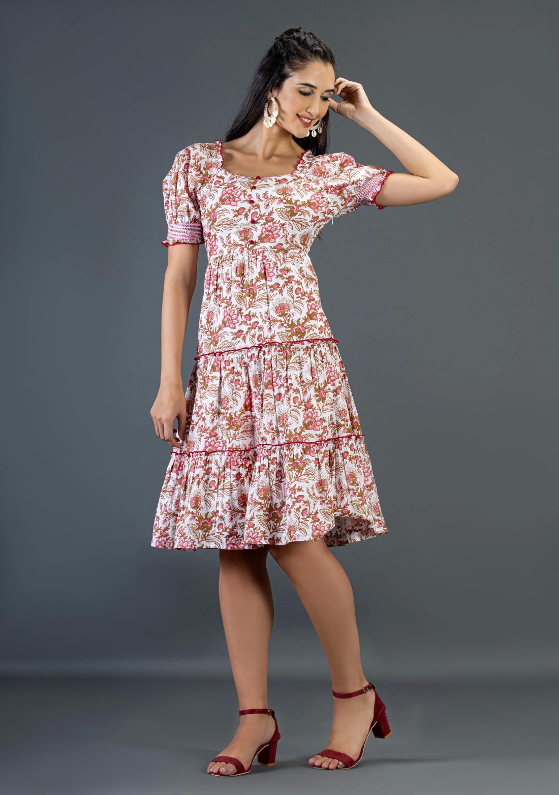 Floral Print Cotton Tiered Midi Dress