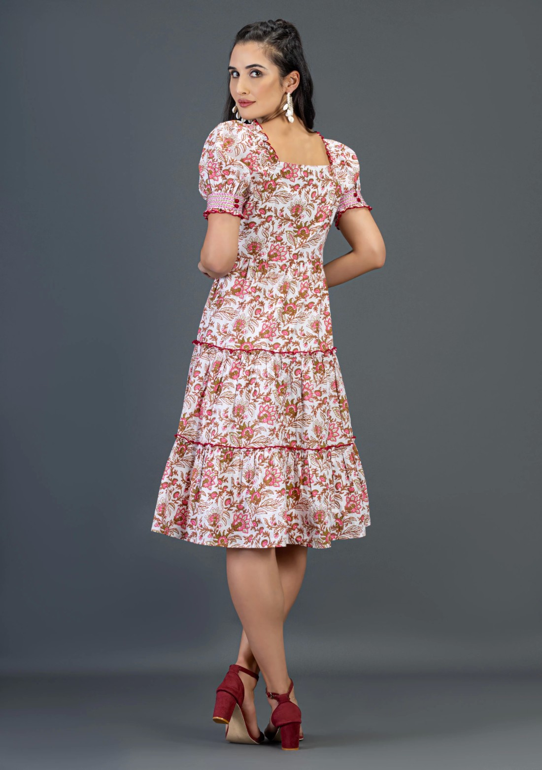 Floral Print Cotton Tiered Midi Dress