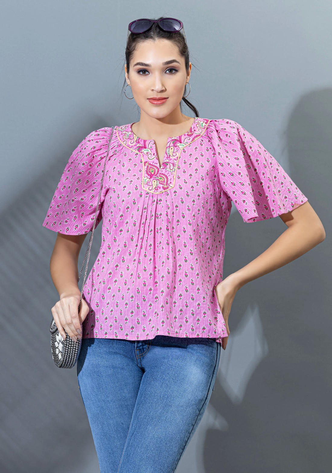 Pink Ethnic Motif Print Cotton Top