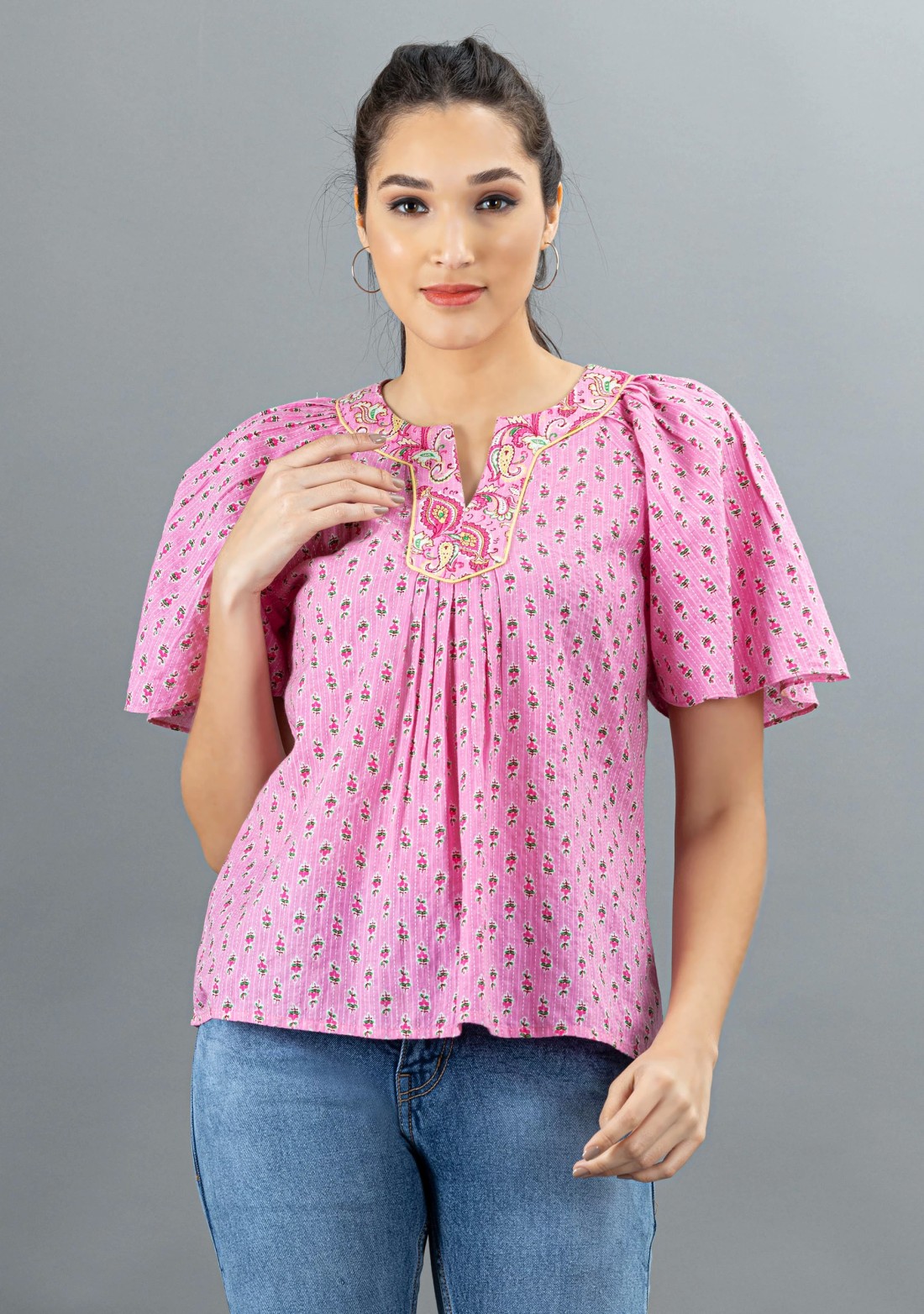 Pink Ethnic Motif Print Cotton Top