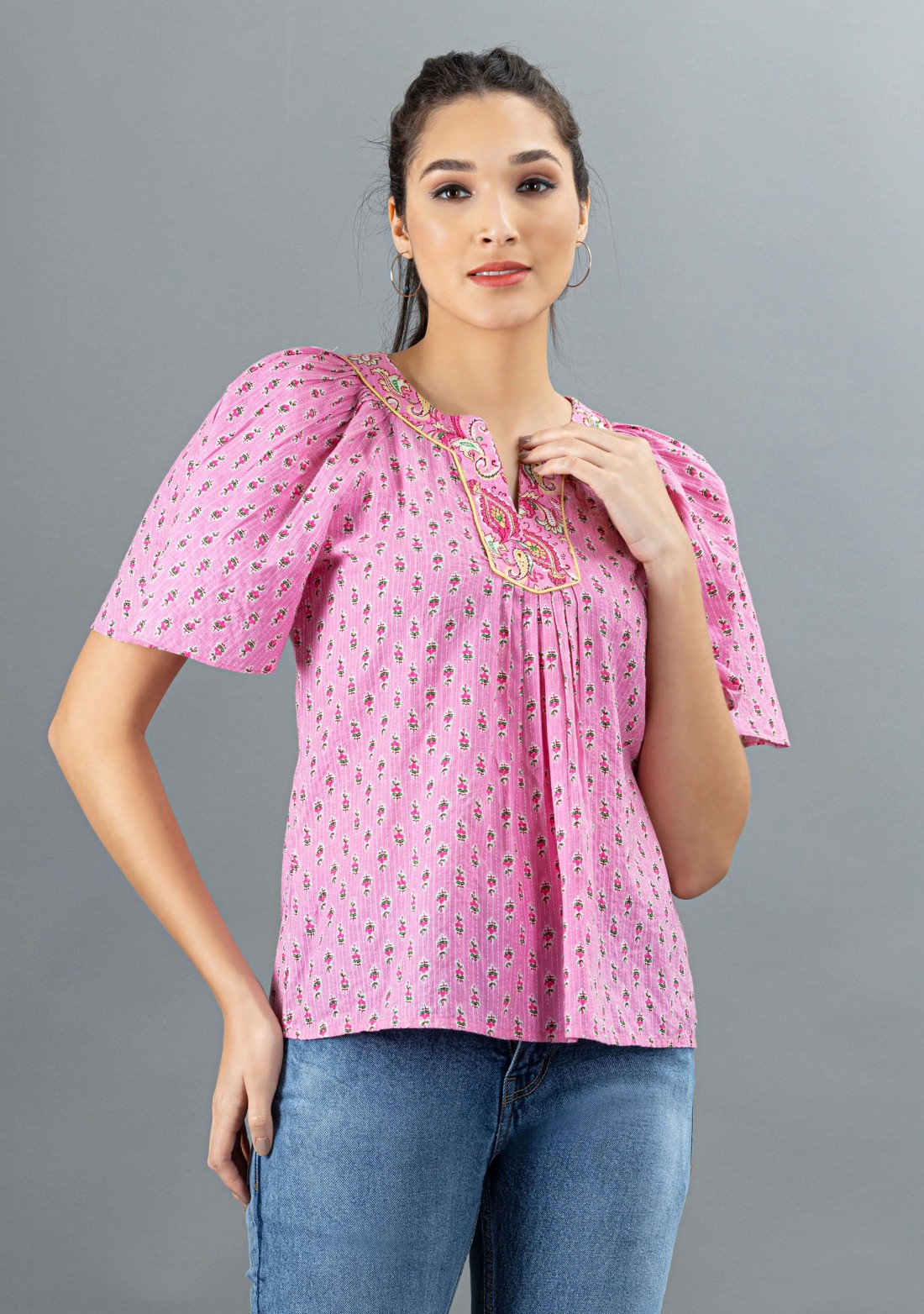 Pink Ethnic Motif Print Cotton Top