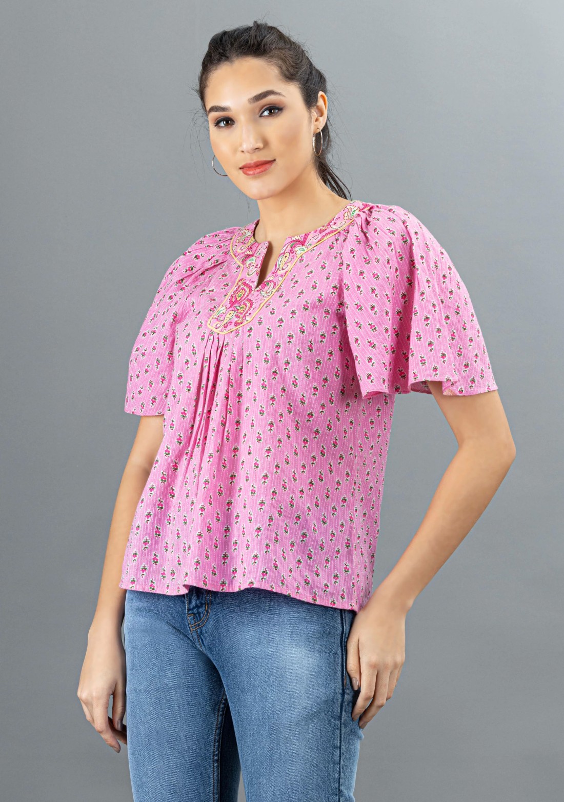 Pink Ethnic Motif Print Cotton Top