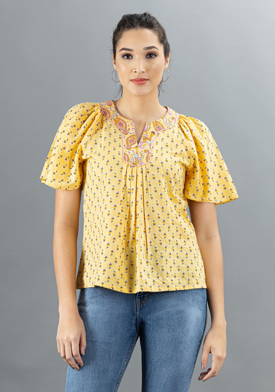 Yellow Ethnic Motif Print Cotton Top