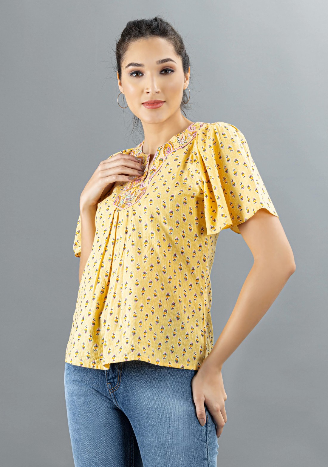 Yellow Ethnic Motif Print Cotton Top