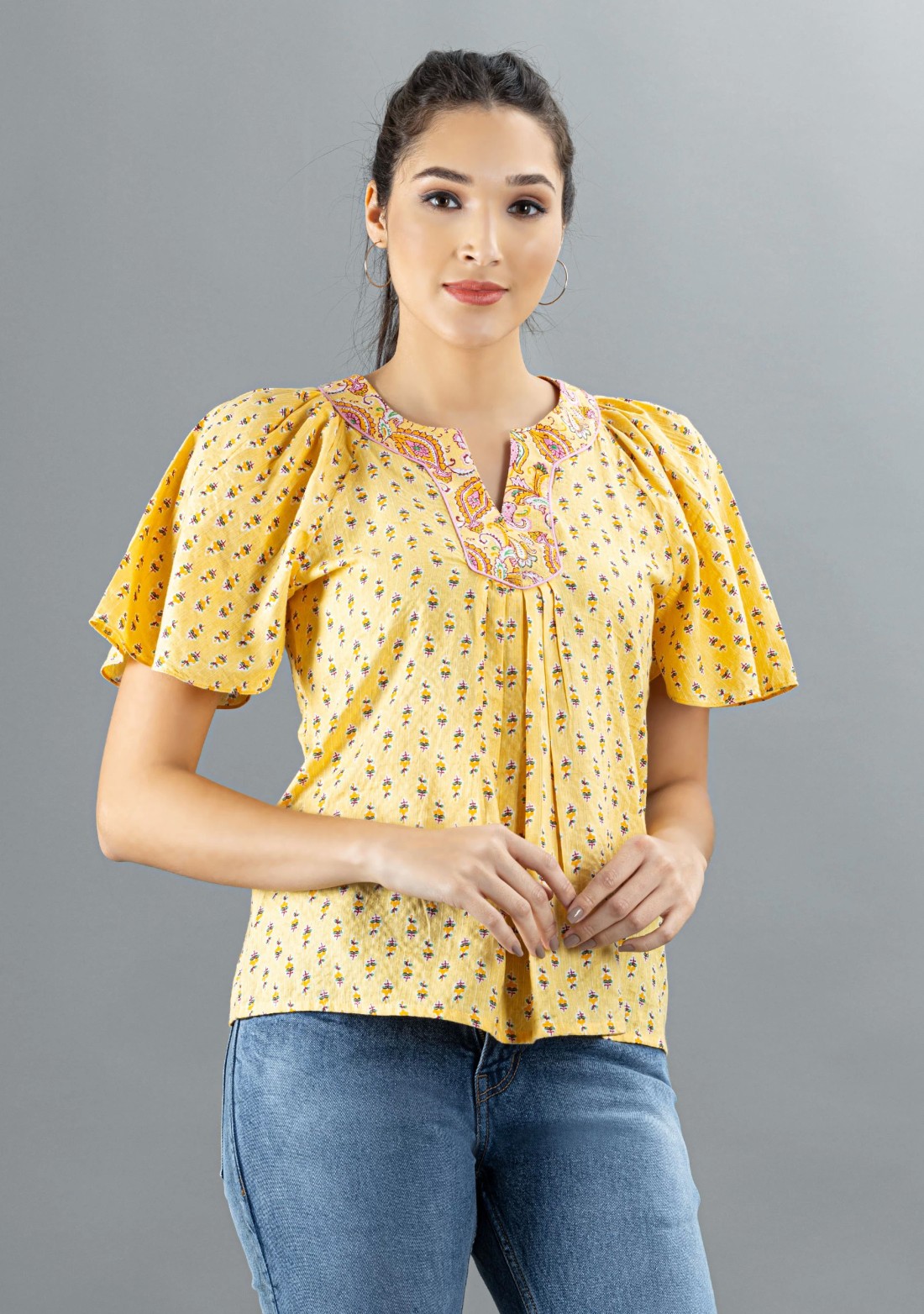 Yellow Ethnic Motif Print Cotton Top