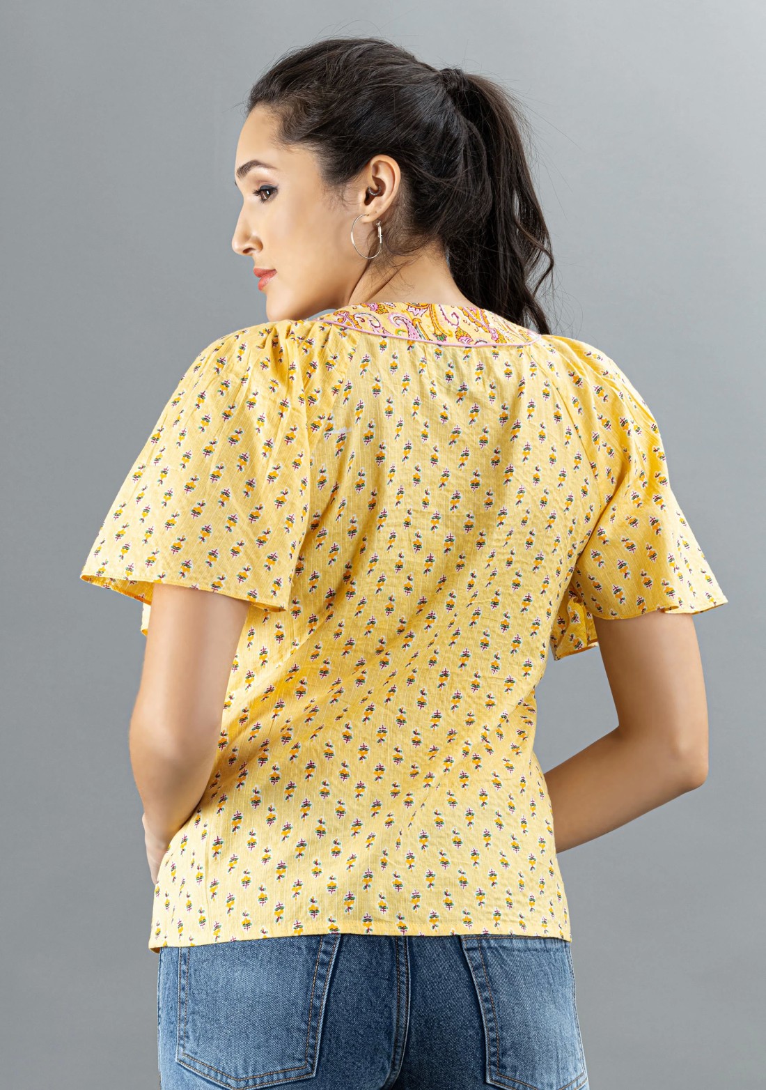 Yellow Ethnic Motif Print Cotton Top