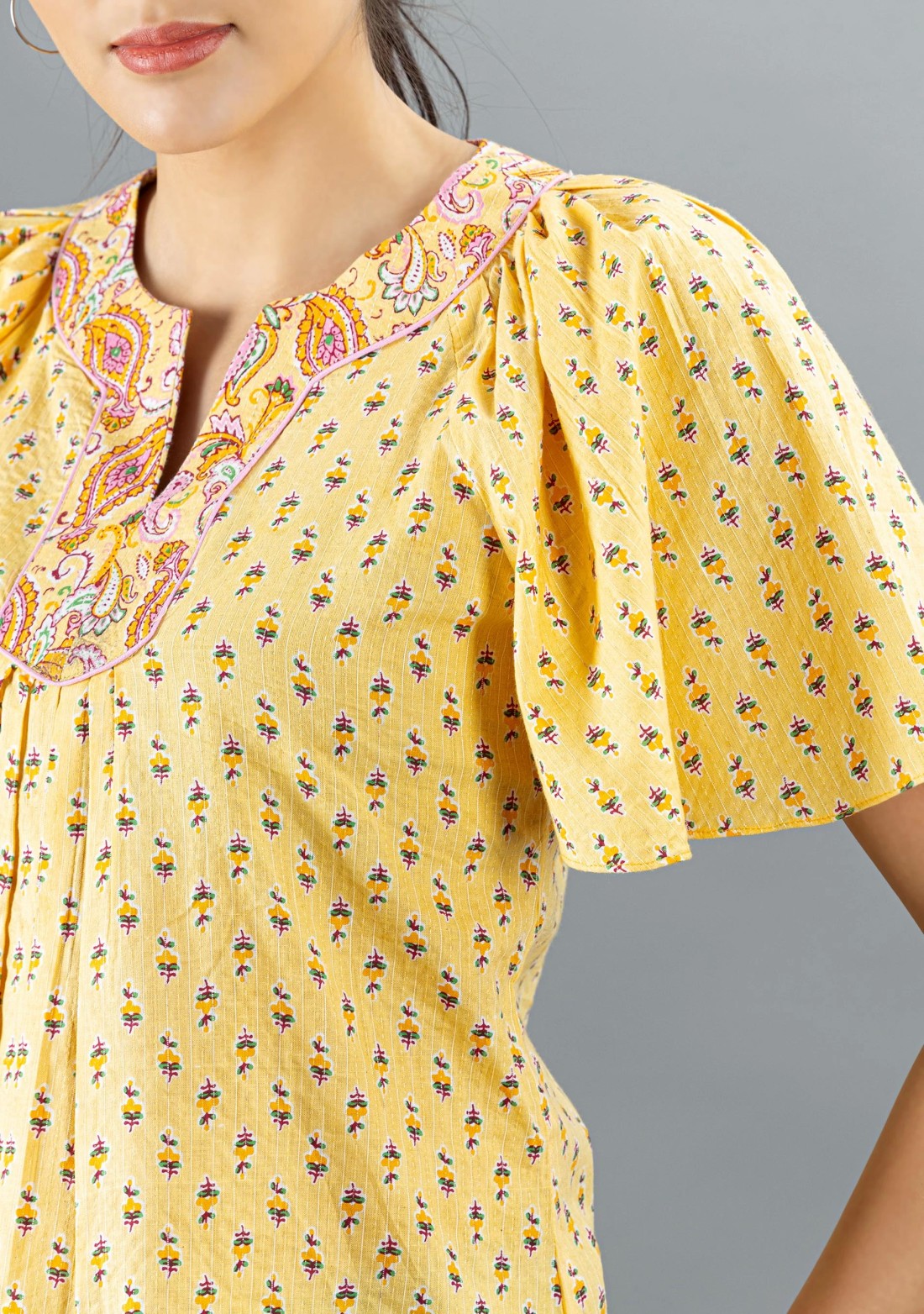 Yellow Ethnic Motif Print Cotton Top