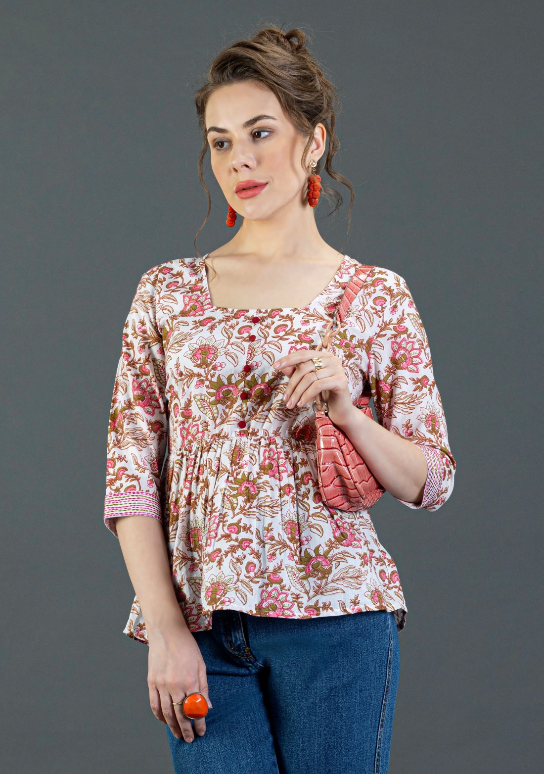 Floral Print Cotton Peplum Top