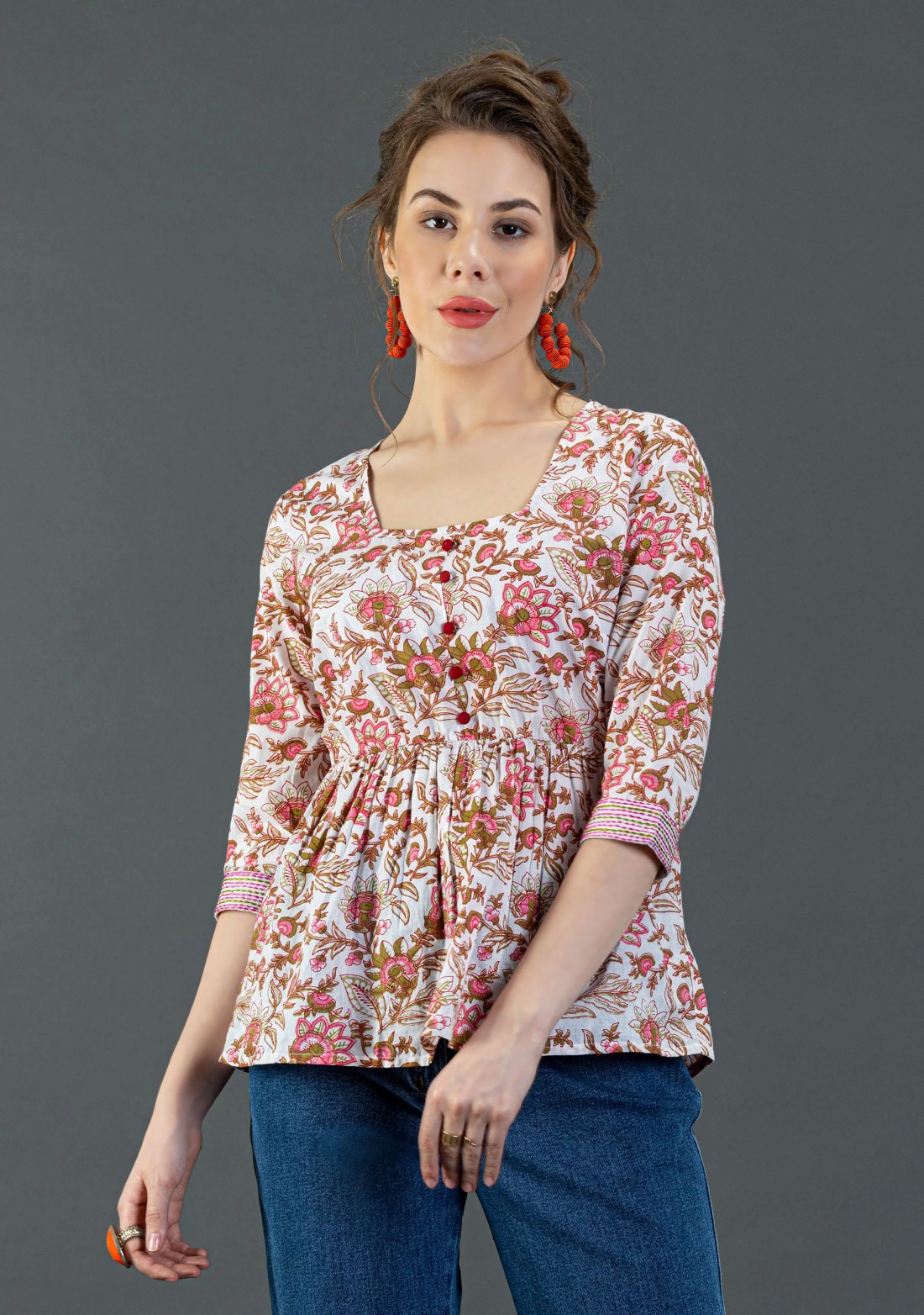 Floral Print Cotton Peplum Top