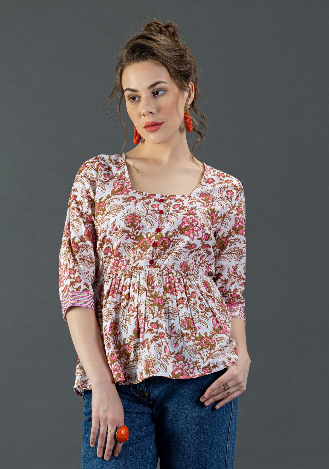 Floral Print Cotton Peplum Top