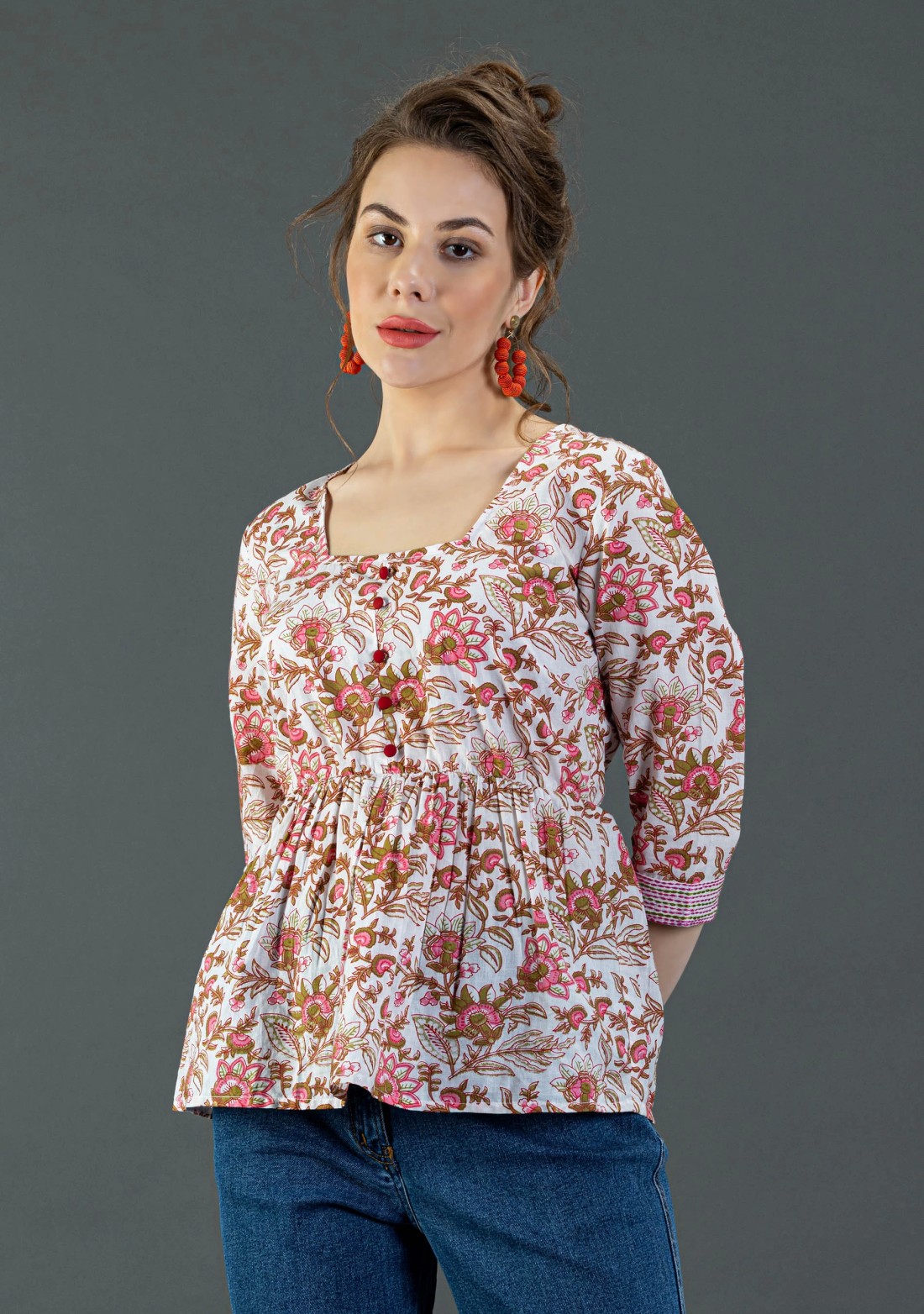 Floral Print Cotton Peplum Top