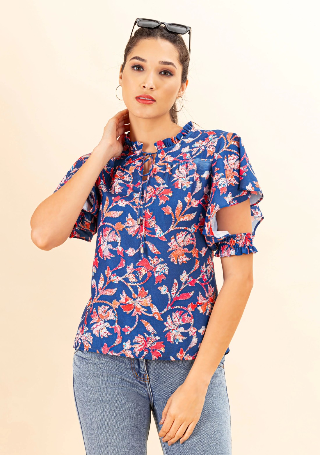 Blue Floral Print Rayon Top