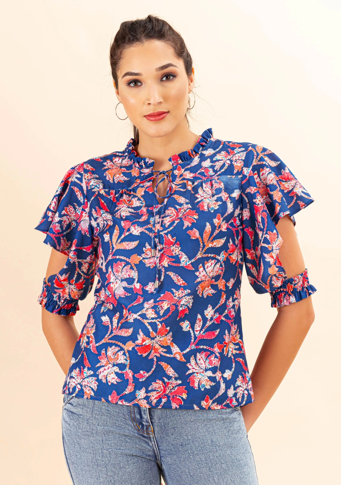 Blue Floral Print Rayon Top