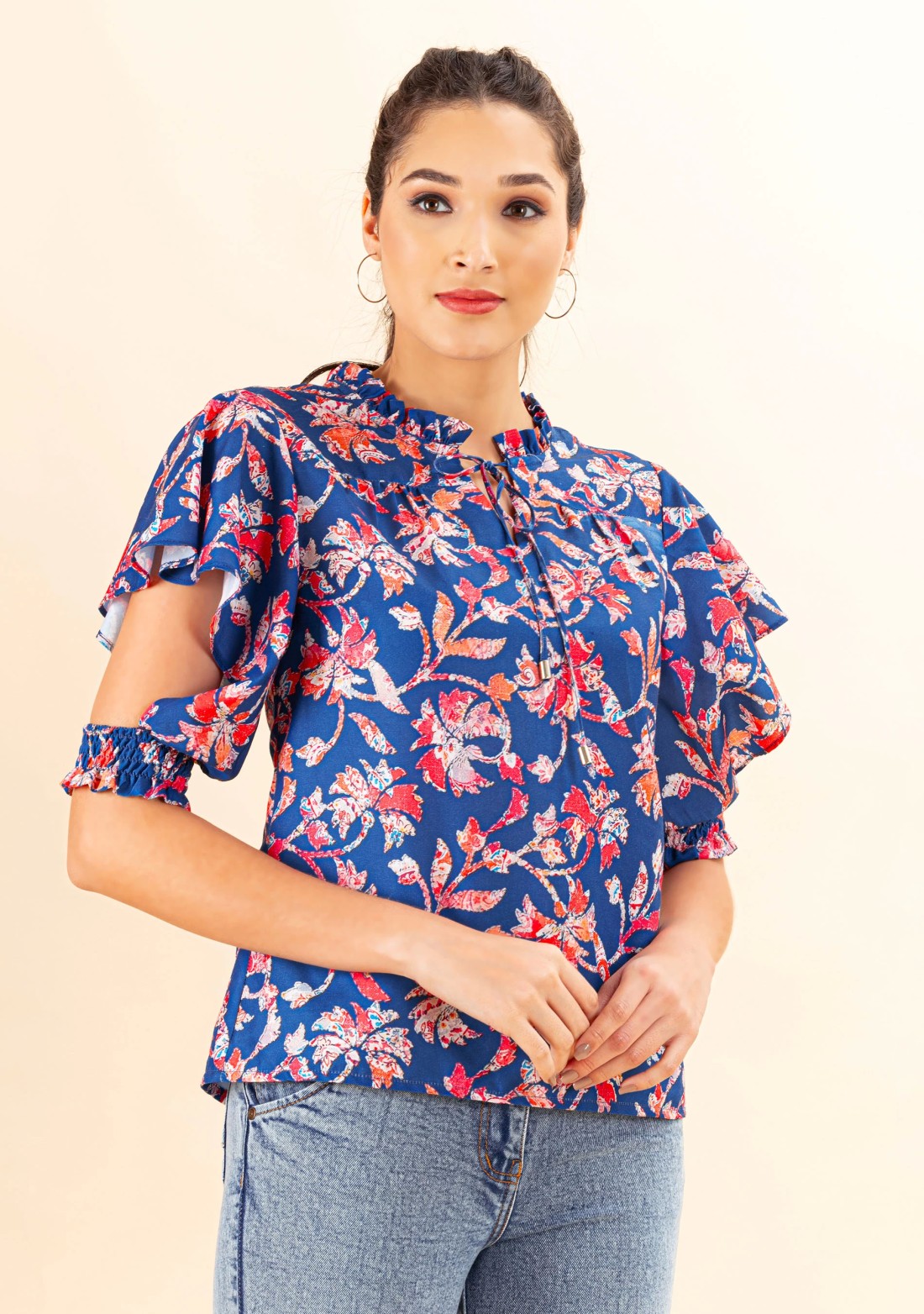 Blue Floral Print Rayon Top