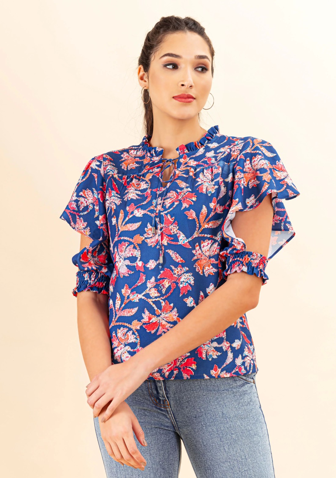 Blue Floral Print Rayon Top