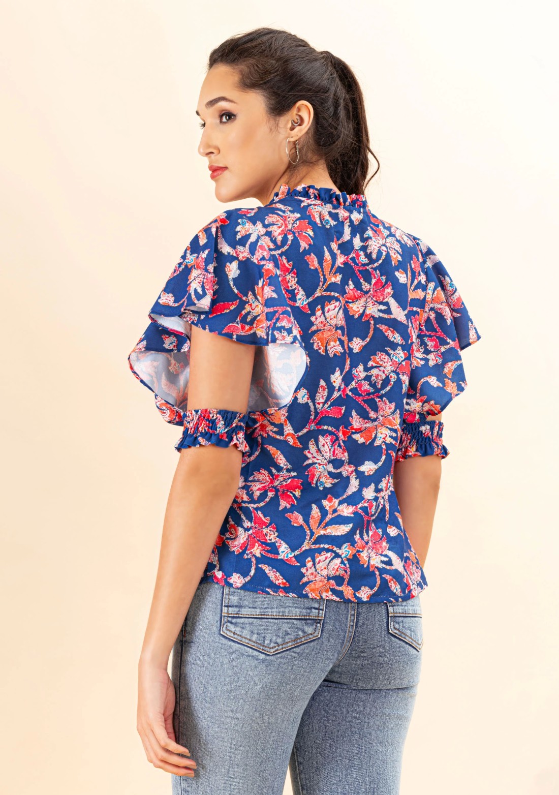 Blue Floral Print Rayon Top