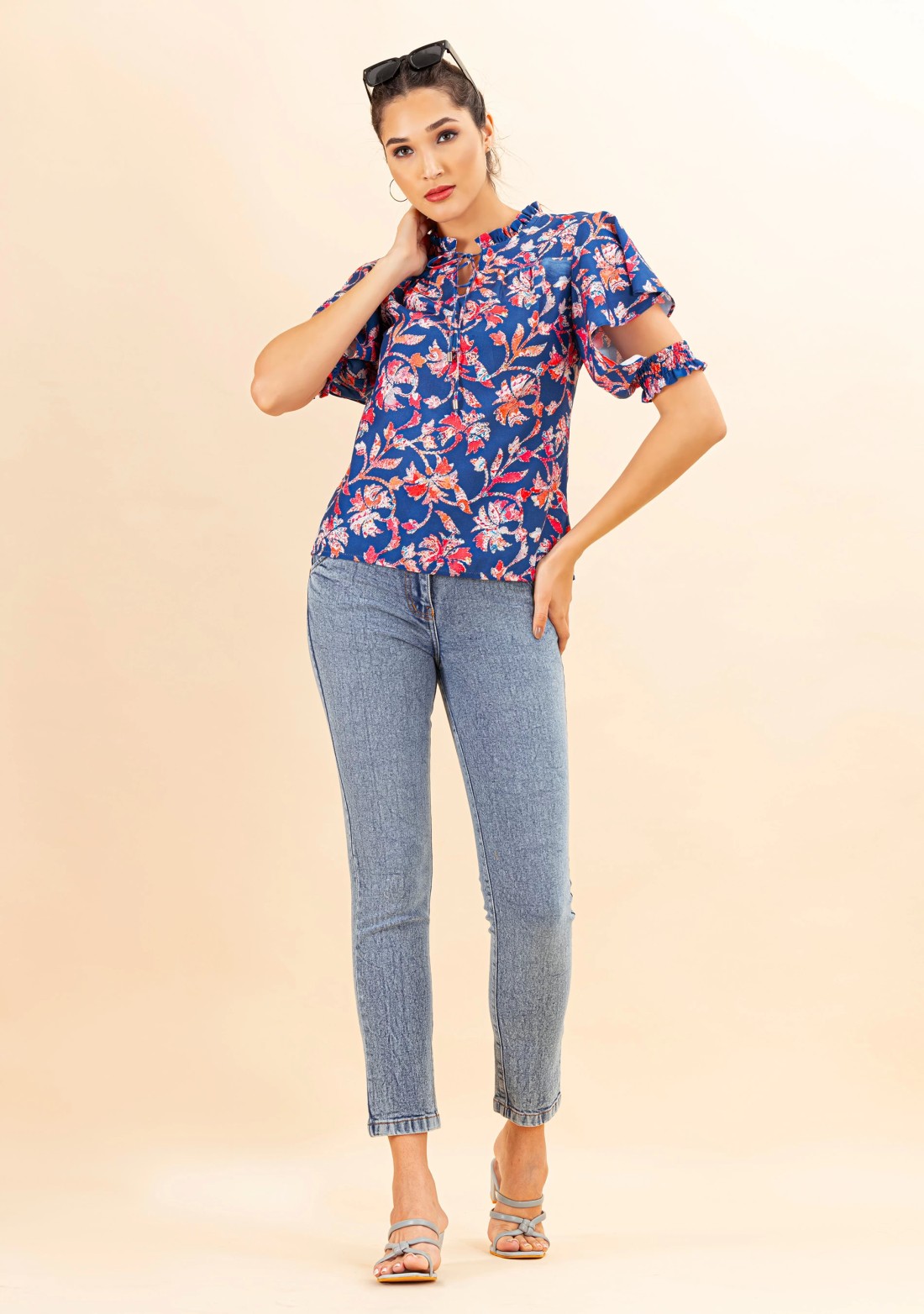 Blue Floral Print Rayon Top