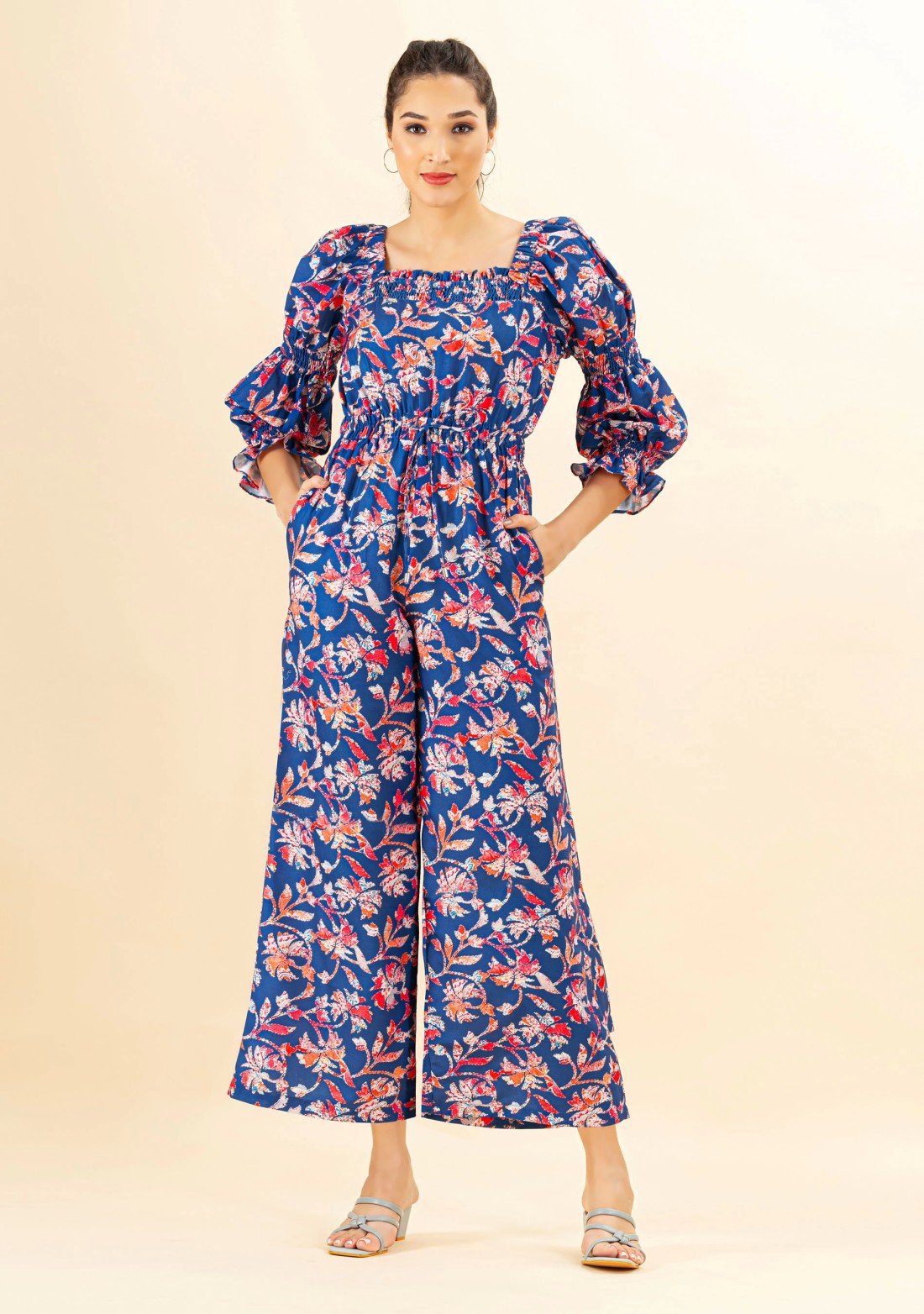 Blue Floral Print Rayon Long Jumpsuit