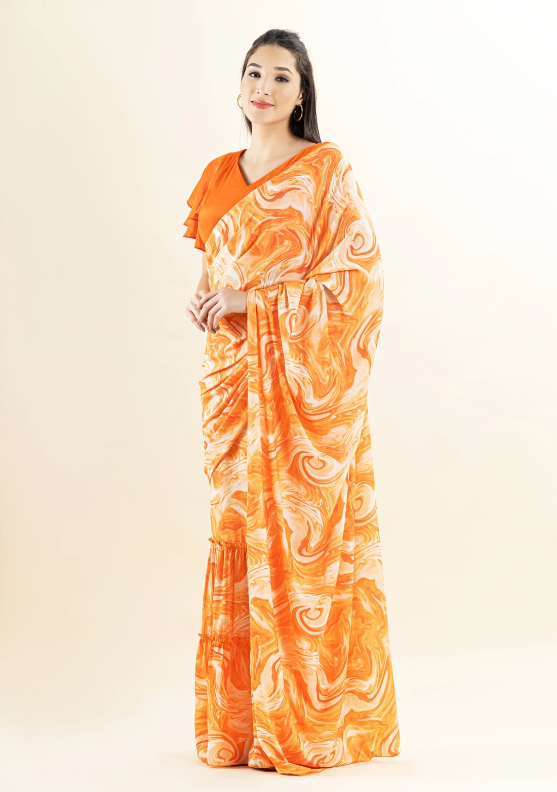 Orange Marble Printed Moss Crepe Ready-To-Wear Ruffled Saree With Stitched Blouse