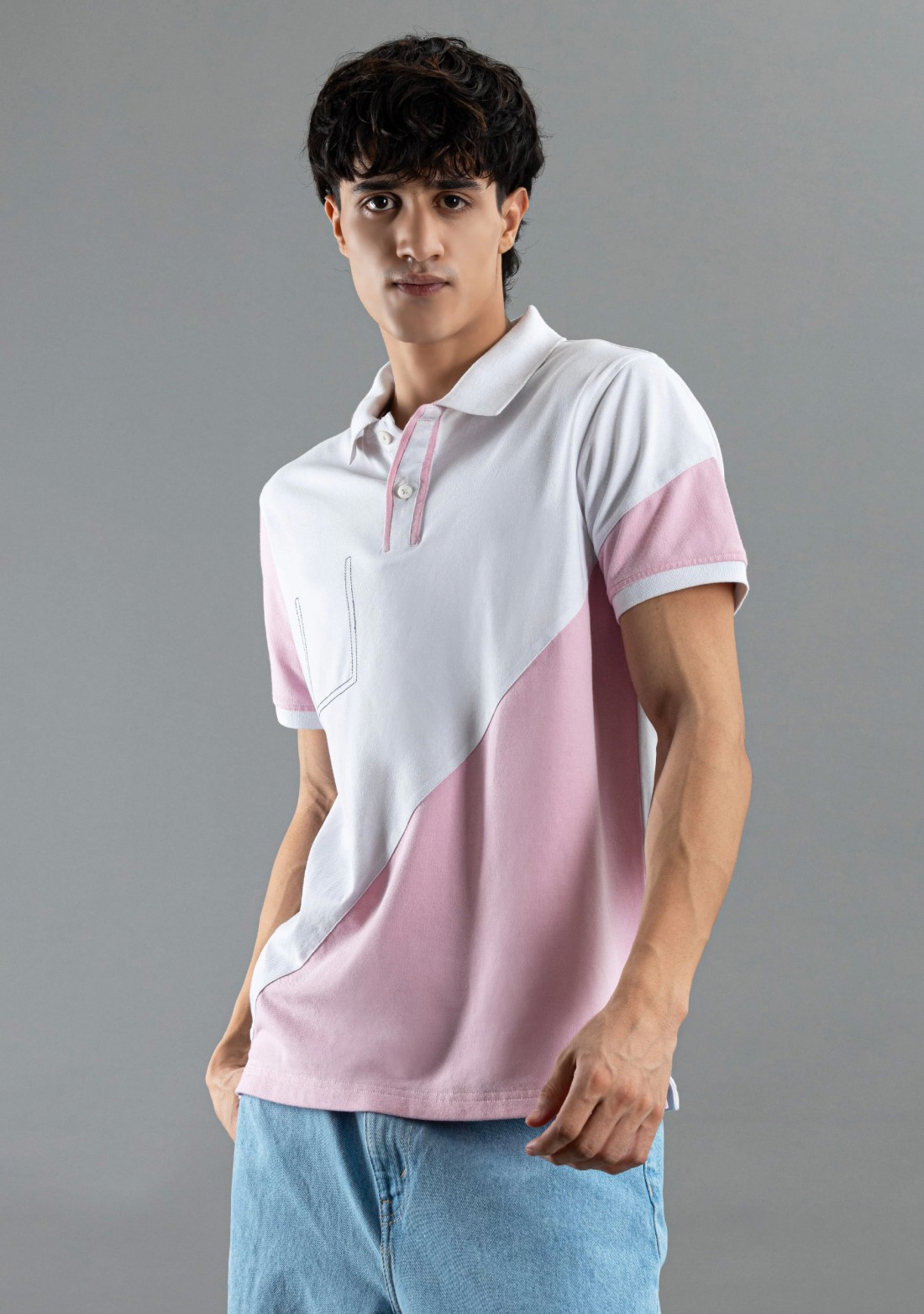 White and Pink  Regular Fit Rhysley Men's Polo T-Shirt