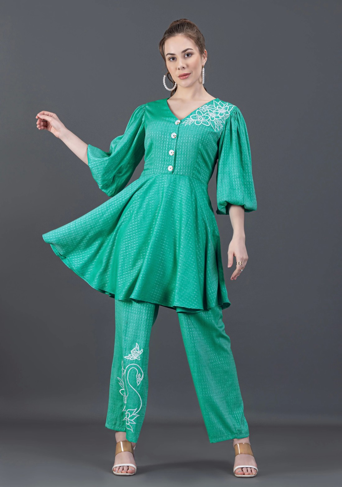 Emerald Green Embroidered Dobby Rayon Peplum Style Co-Ord Set