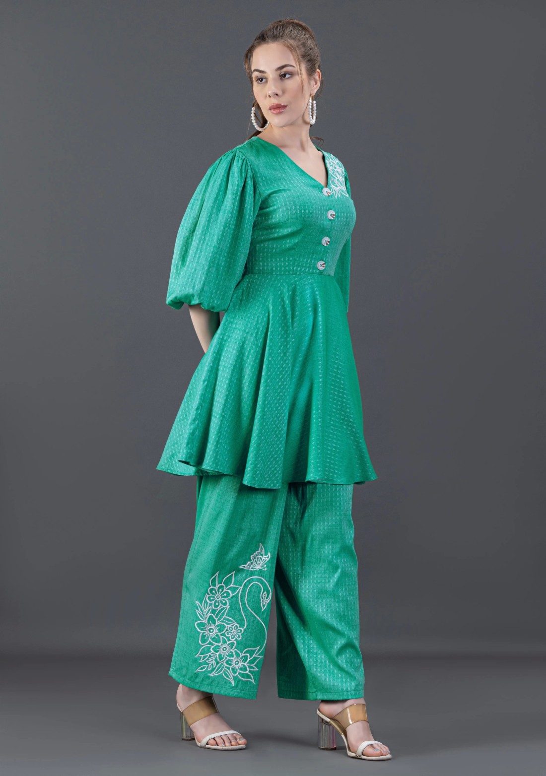 Emerald Green Embroidered Dobby Rayon Peplum Style Co-Ord Set