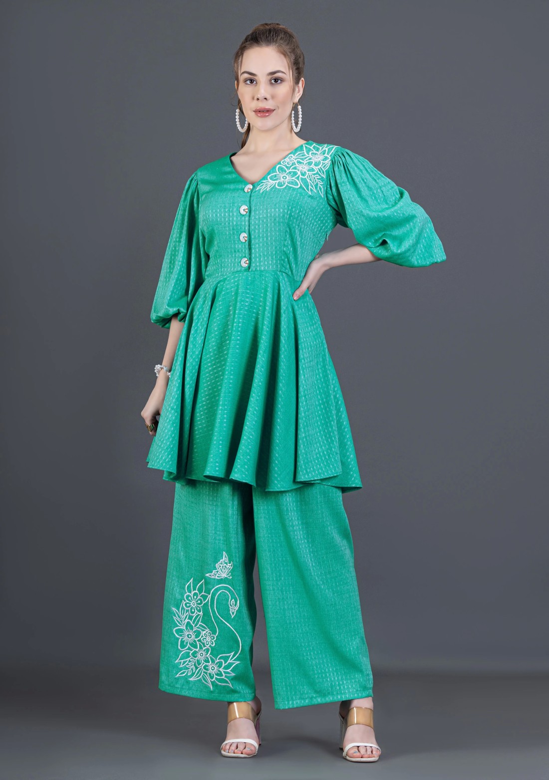 Emerald Green Embroidered Dobby Rayon Peplum Style Co-Ord Set