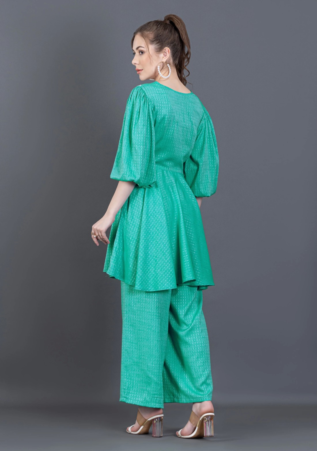 Emerald Green Embroidered Dobby Rayon Peplum Style Co-Ord Set