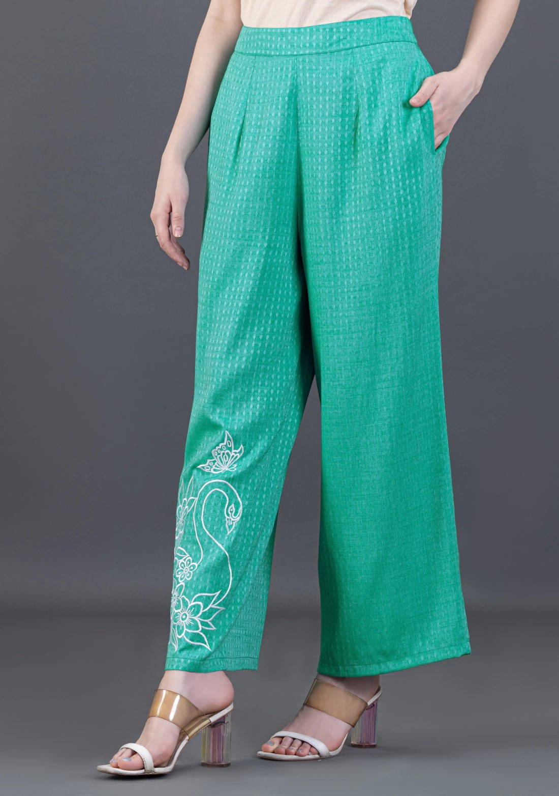 Emerald Green Embroidered Dobby Rayon Peplum Style Co-Ord Set