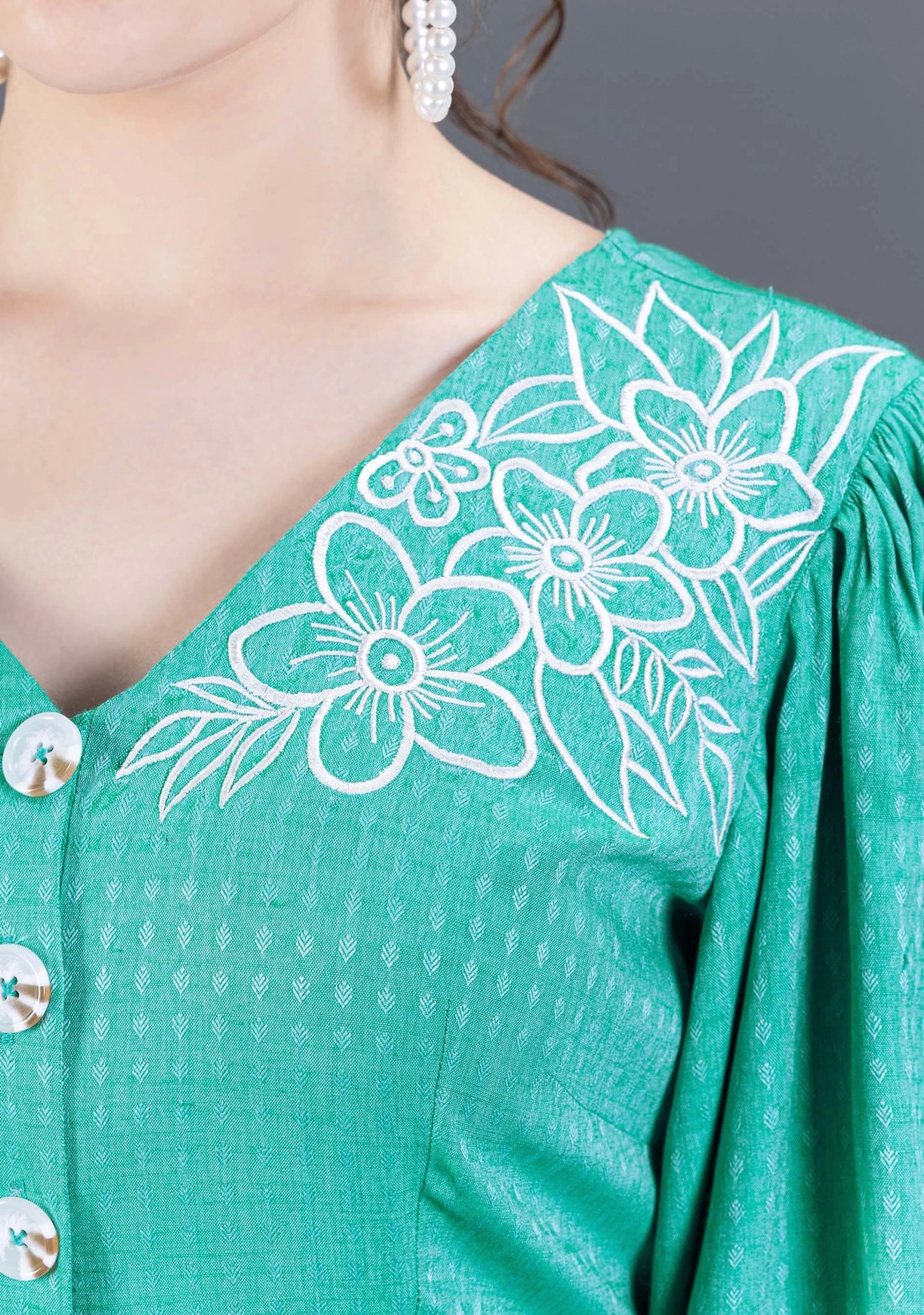 Emerald Green Embroidered Dobby Rayon Peplum Style Co-Ord Set