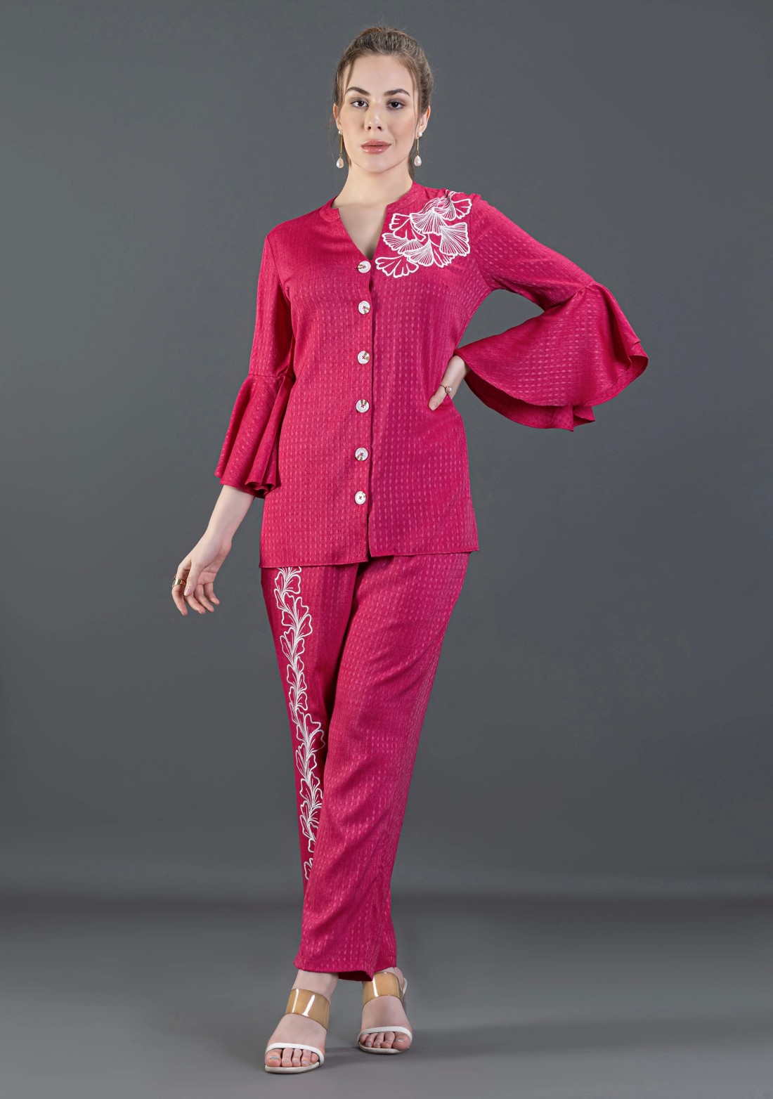 Fuchsia Pink Embroidered Dobby Rayon Co-Ord Set