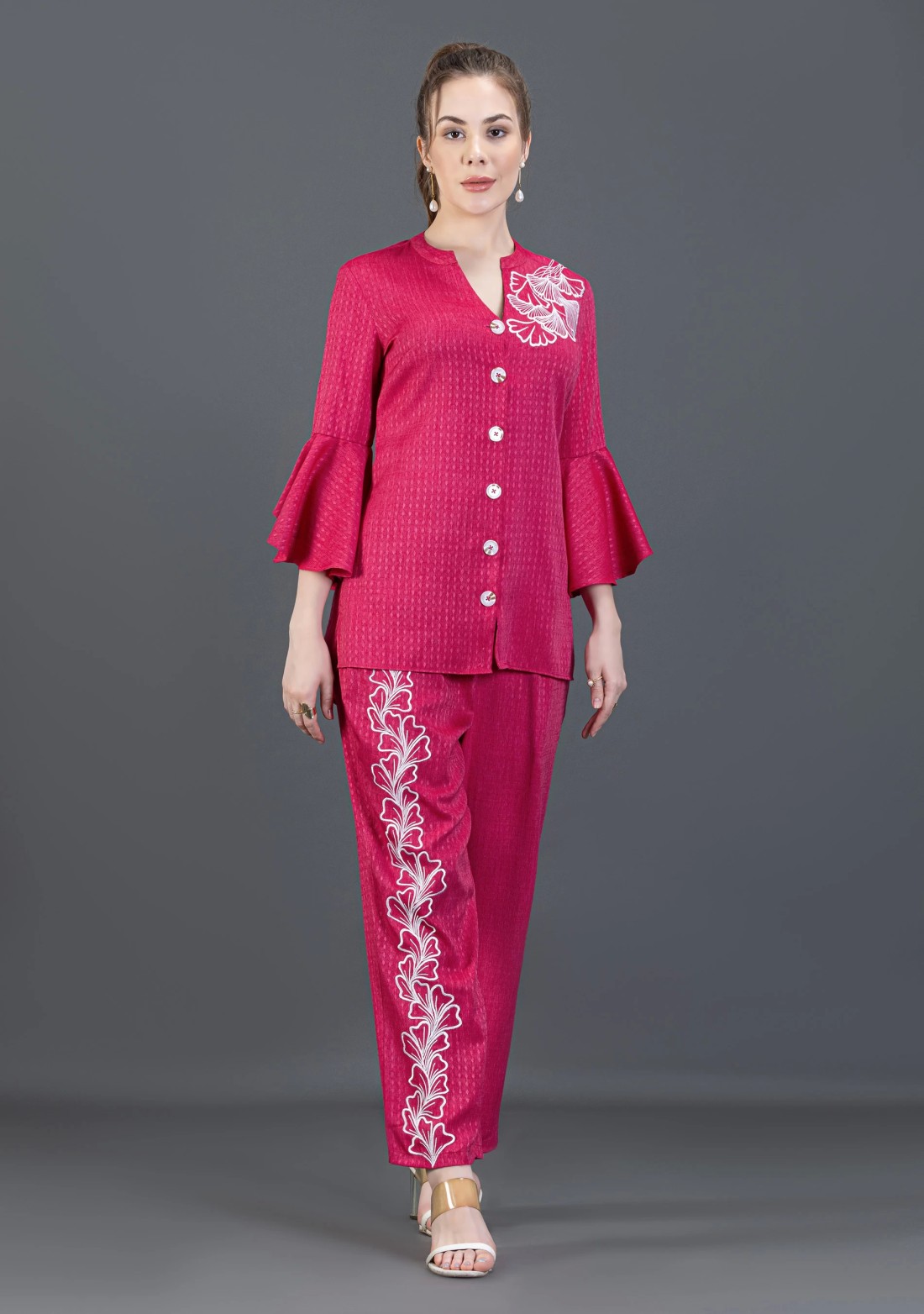 Fuchsia Pink Embroidered Dobby Rayon Co-Ord Set