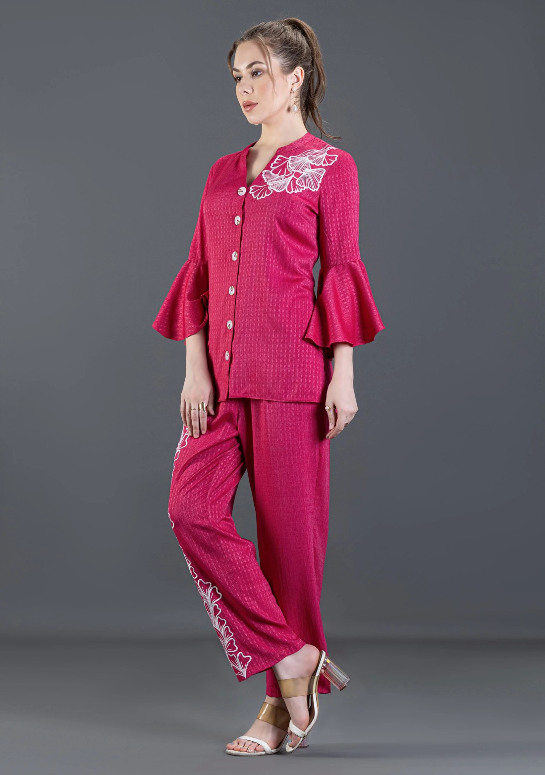 Fuchsia Pink Embroidered Dobby Rayon Co-Ord Set