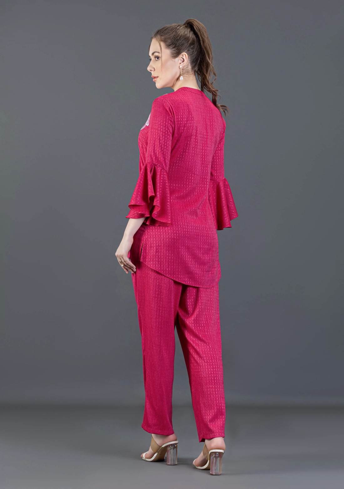 Fuchsia Pink Embroidered Dobby Rayon Co-Ord Set