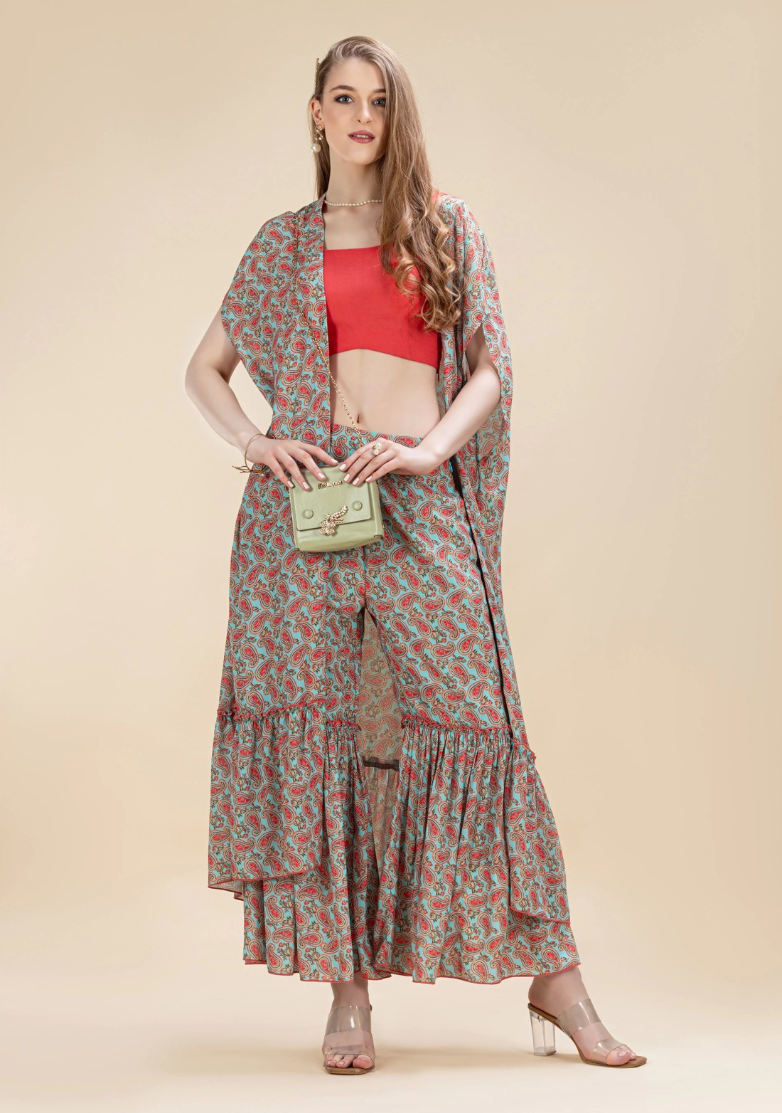 Turquoise & Coral Paisley Printed Flared Cape Set