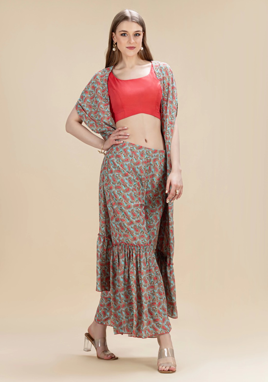 Turquoise & Coral Paisley Printed Flared Cape Set