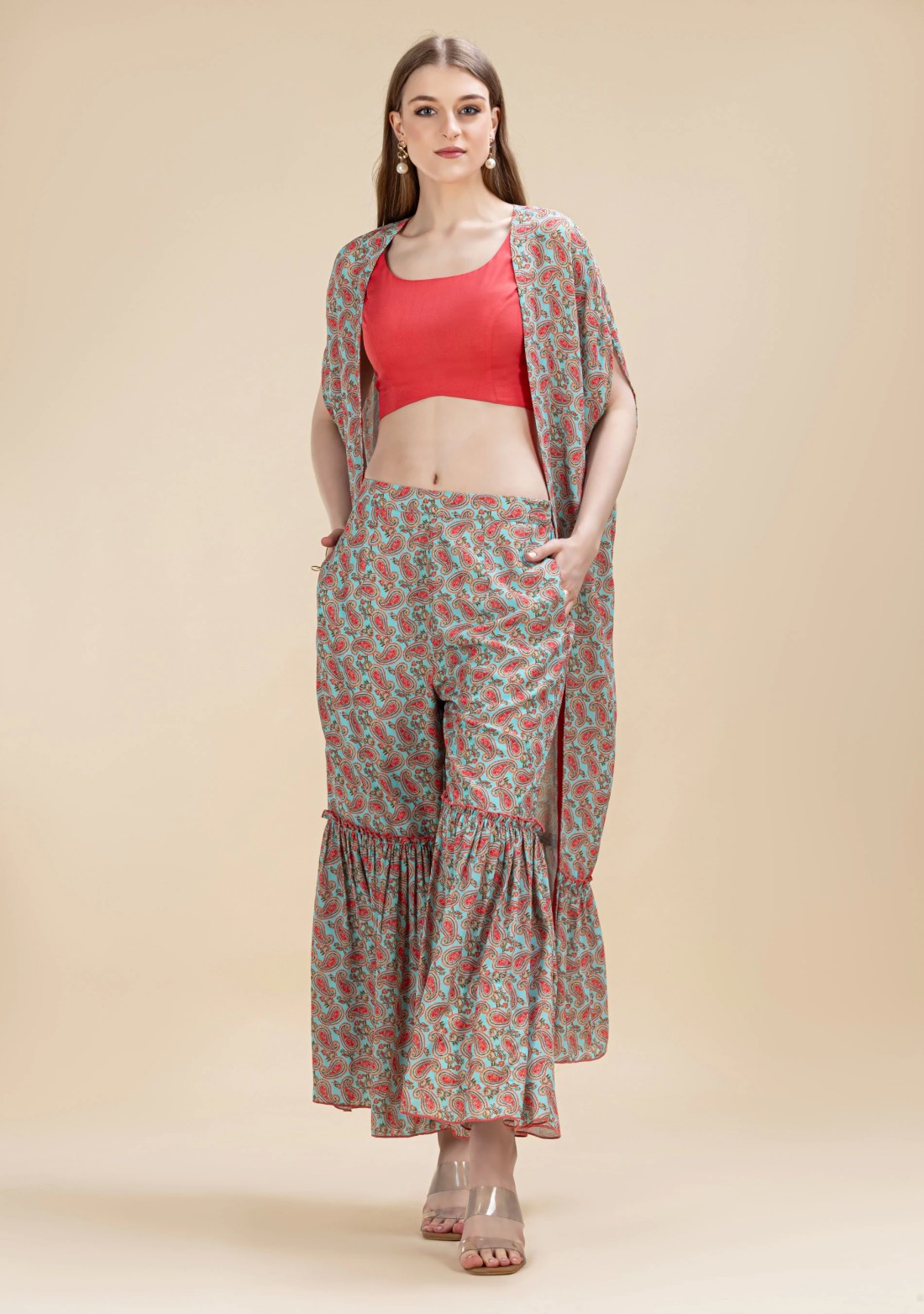 Turquoise & Coral Paisley Printed Flared Cape Set