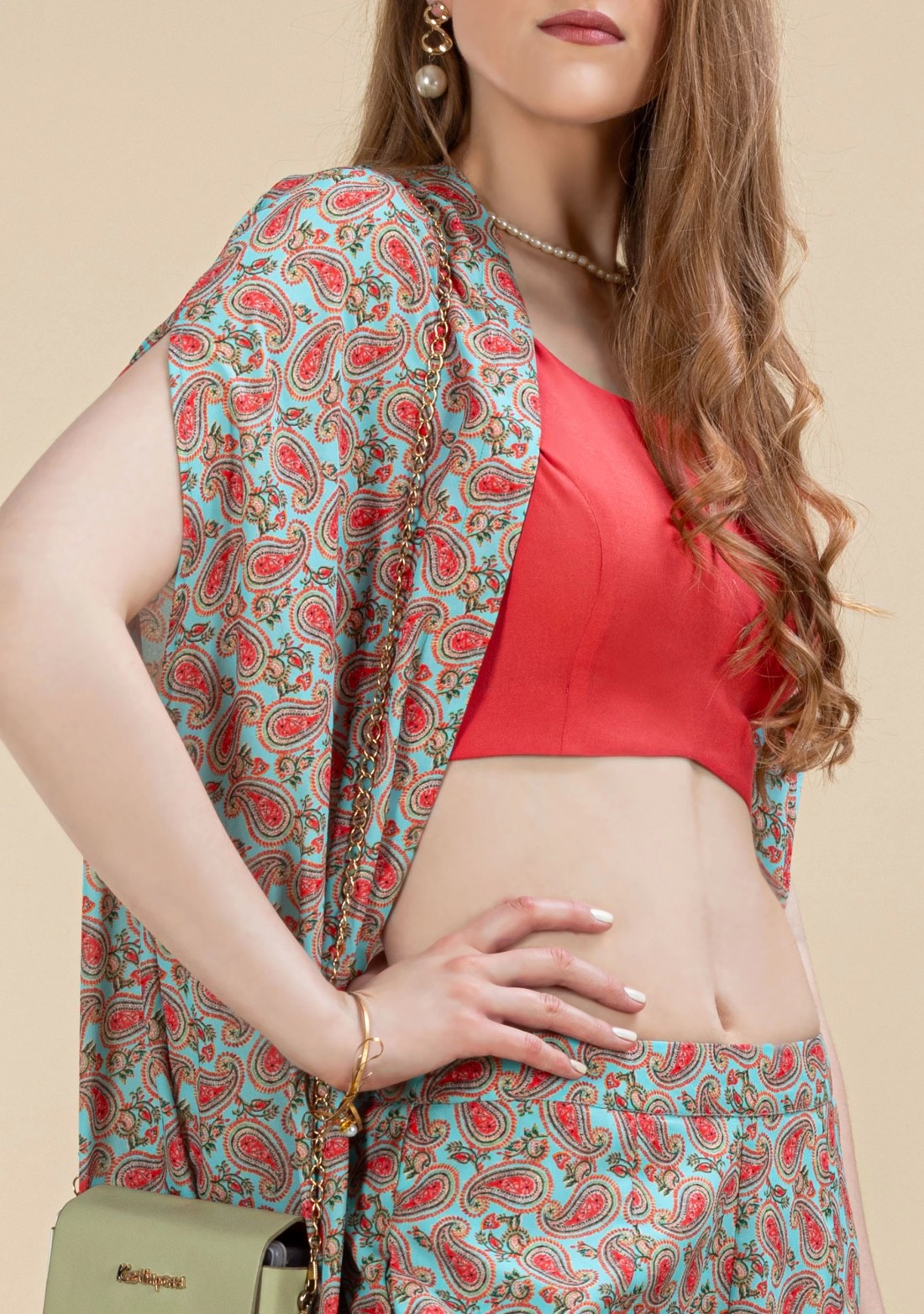 Turquoise & Coral Paisley Printed Flared Cape Set