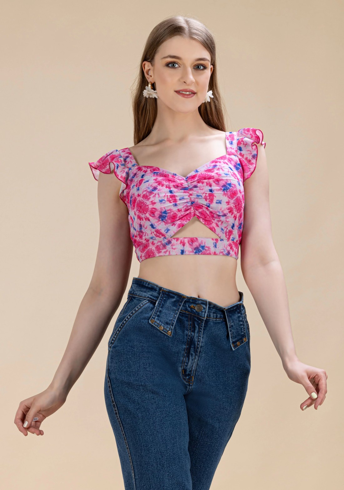 Pink Shibori Printed Moss Crepe  Crop Top