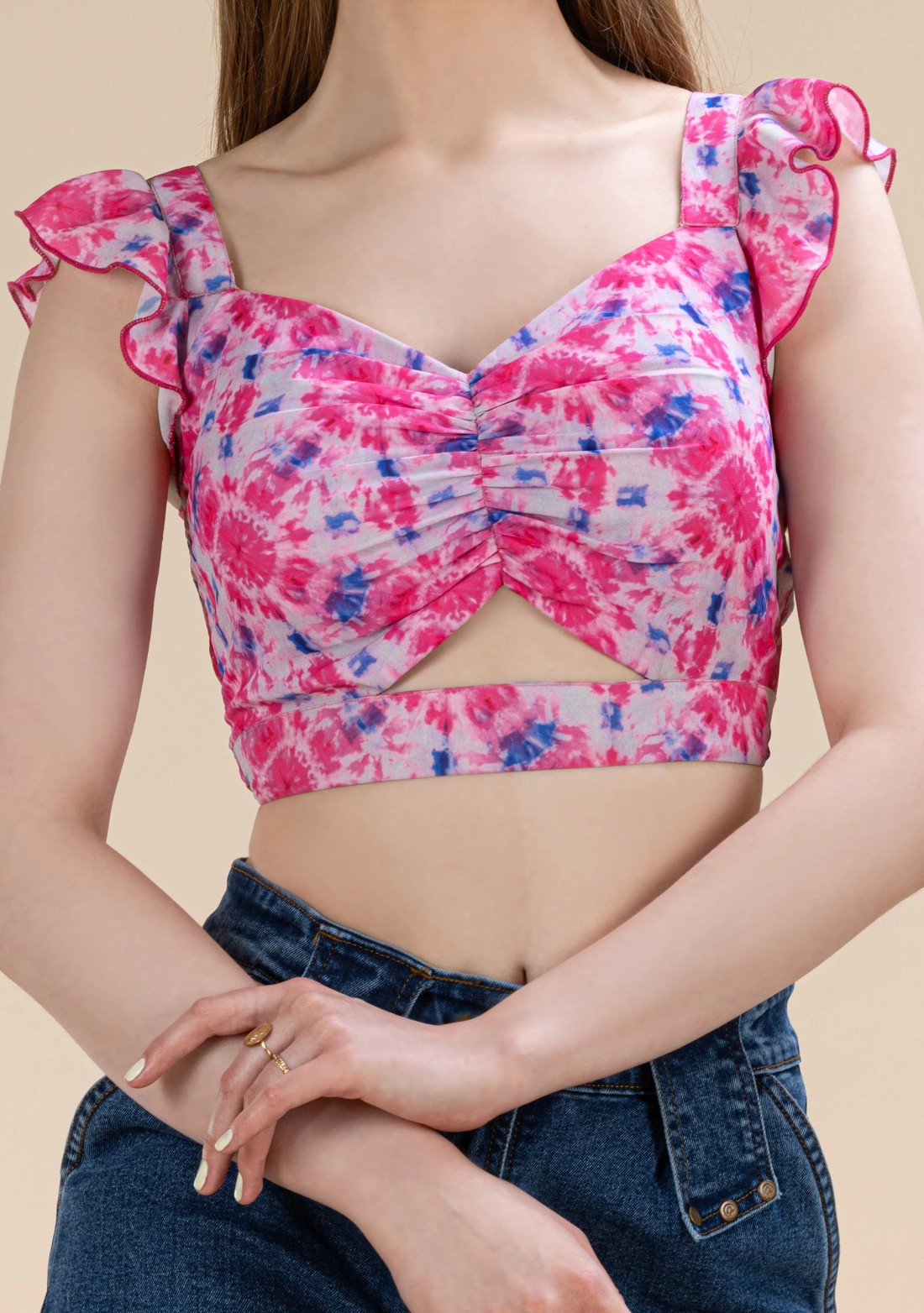 Pink Shibori Printed Moss Crepe  Crop Top