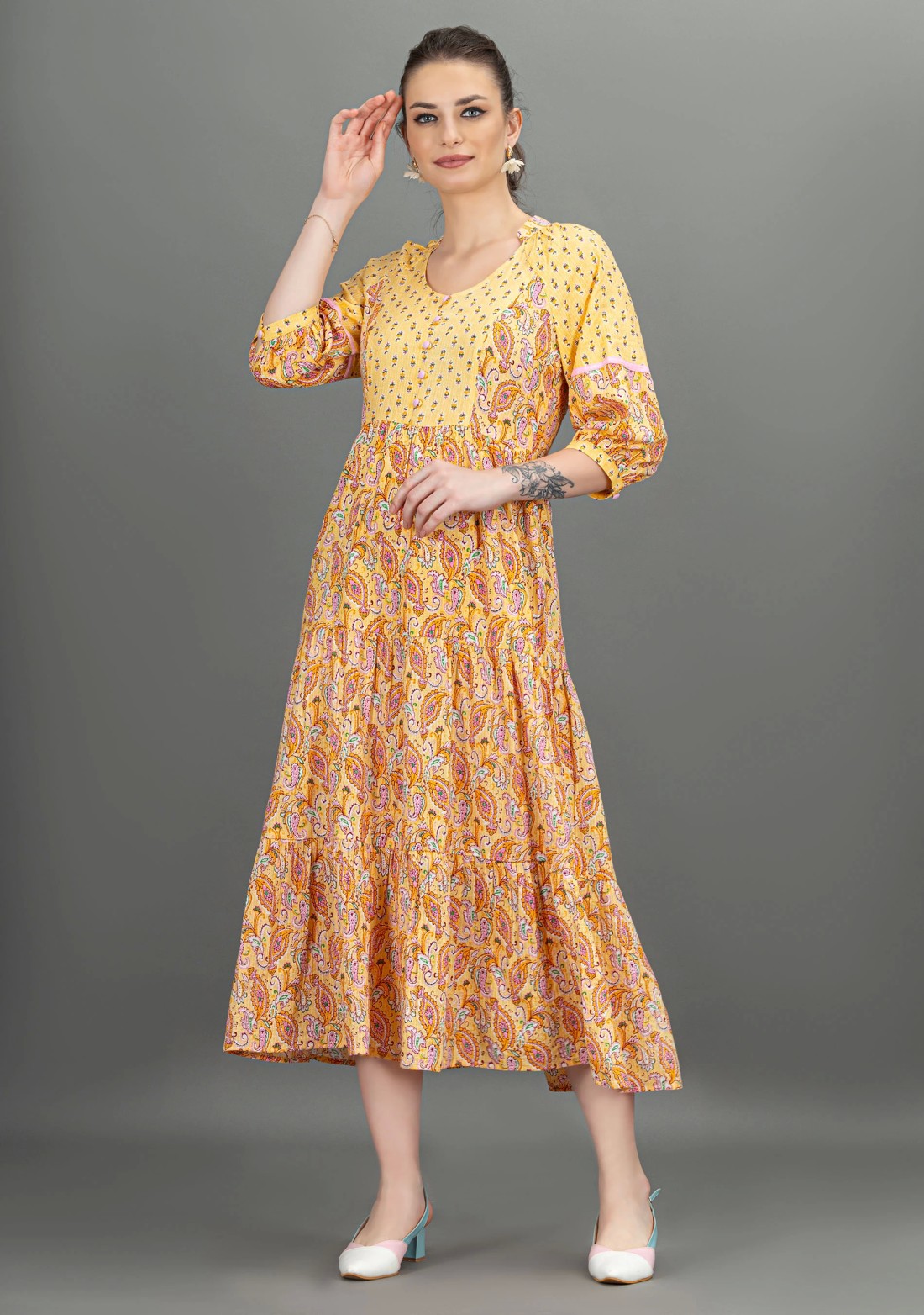 Yellow Ethnic Motif Print Cotton Tiered Midi Dress