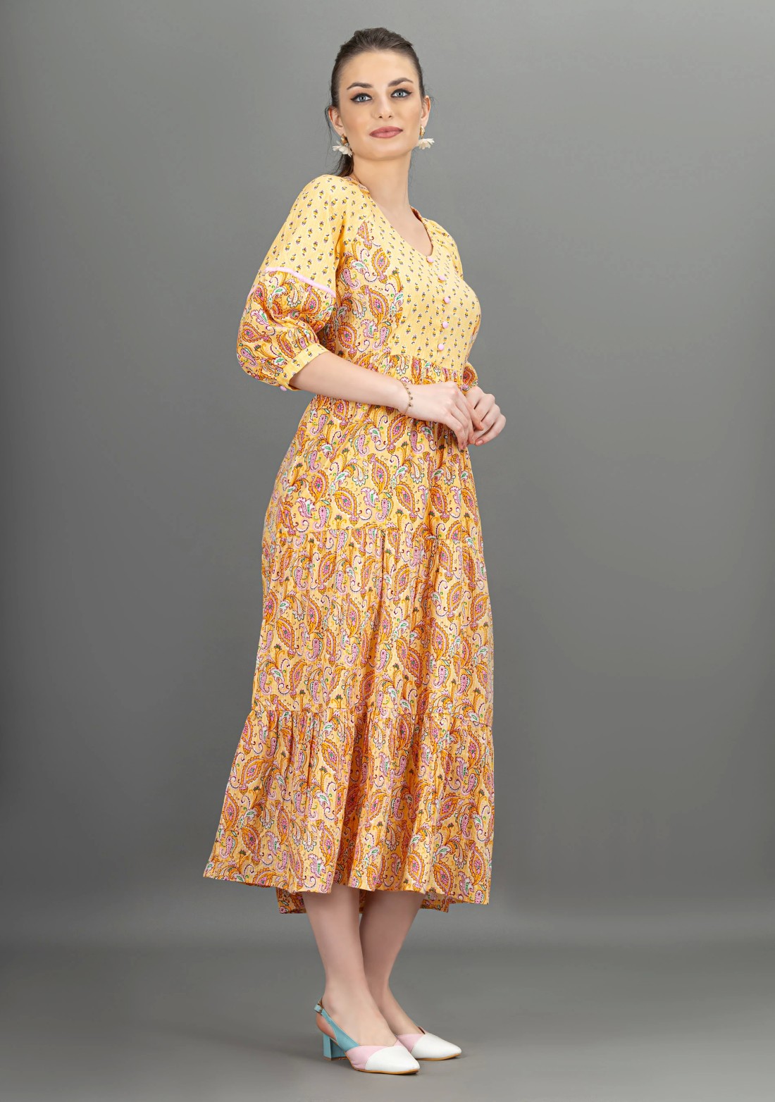 Yellow Ethnic Motif Print Cotton Tiered Midi Dress